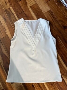 White Sleeveless V-Neck Pleated Trim Top